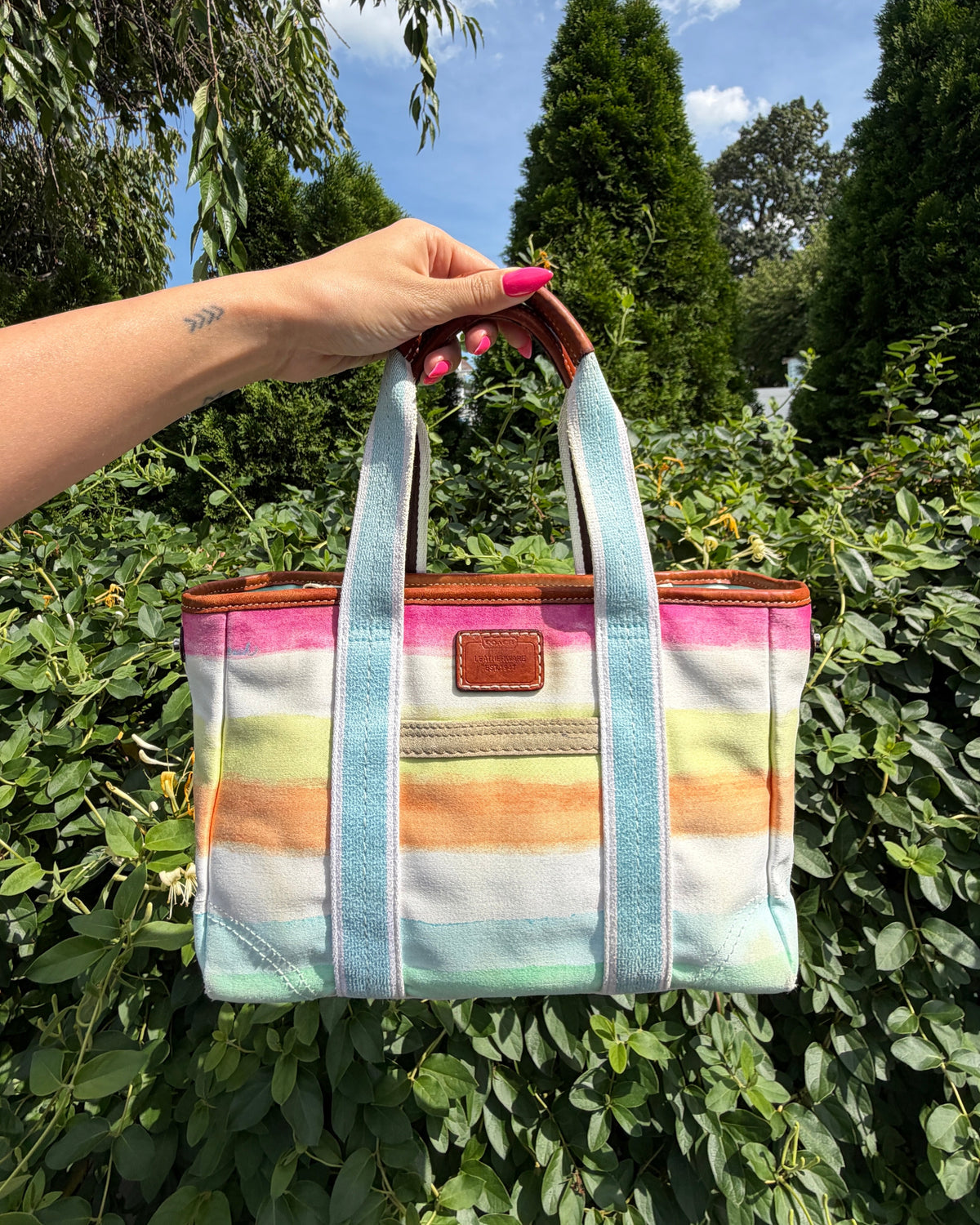 Vintage Y2K Coach Colorful Stripe Watercolor Print Satchel Shoulder Bag