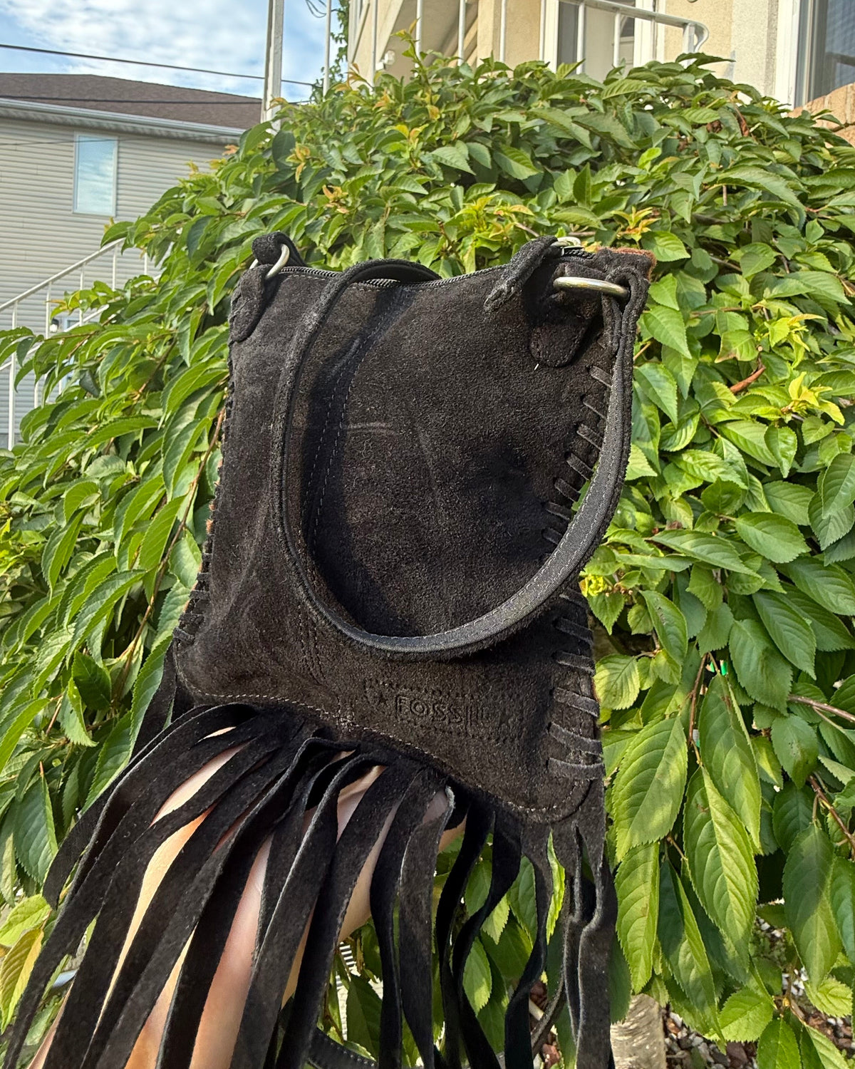 Fossil Vintage Y2K Zebra Print Fringe Crossbody Bag Brown Boho Festival Purse
