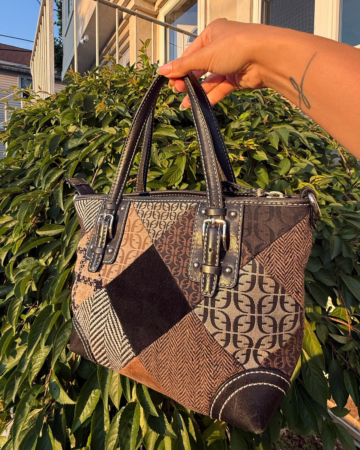 Fossil Vintage Y2K Signature Brown Monogram Patchwork Suede Satchel Shoulder Bag
