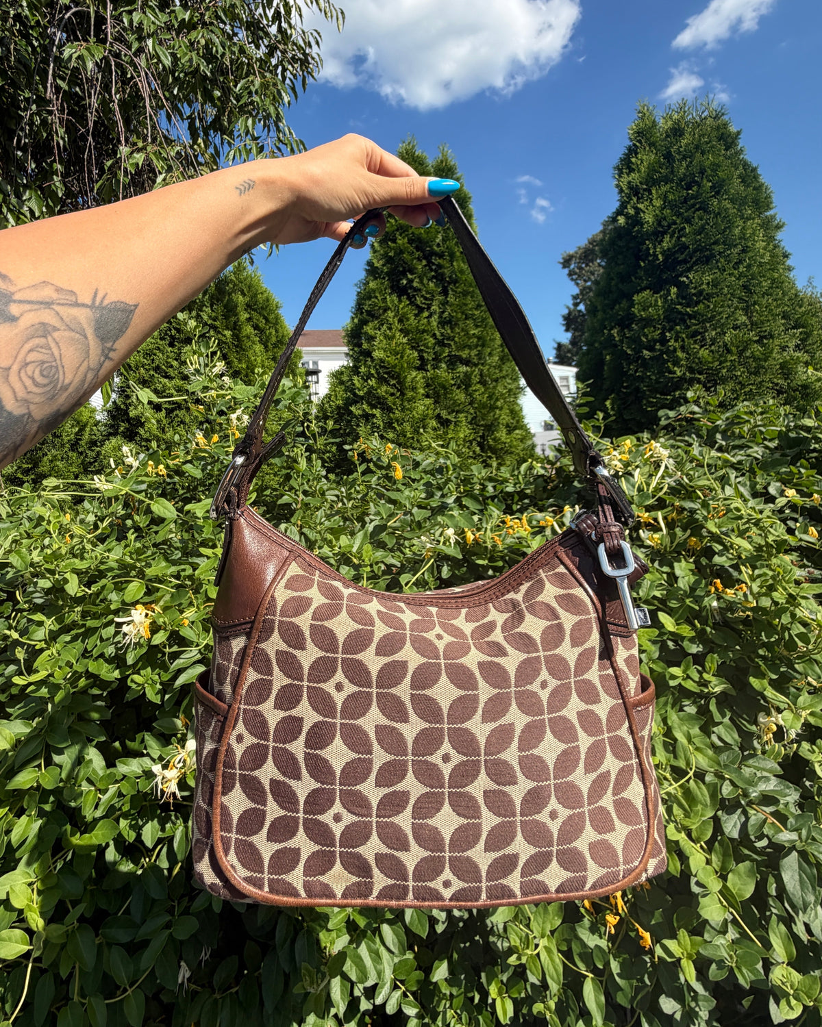 Vintage Fossil Signature Jacquard Brown Monogram Y2K Hobo Shoulder Bag