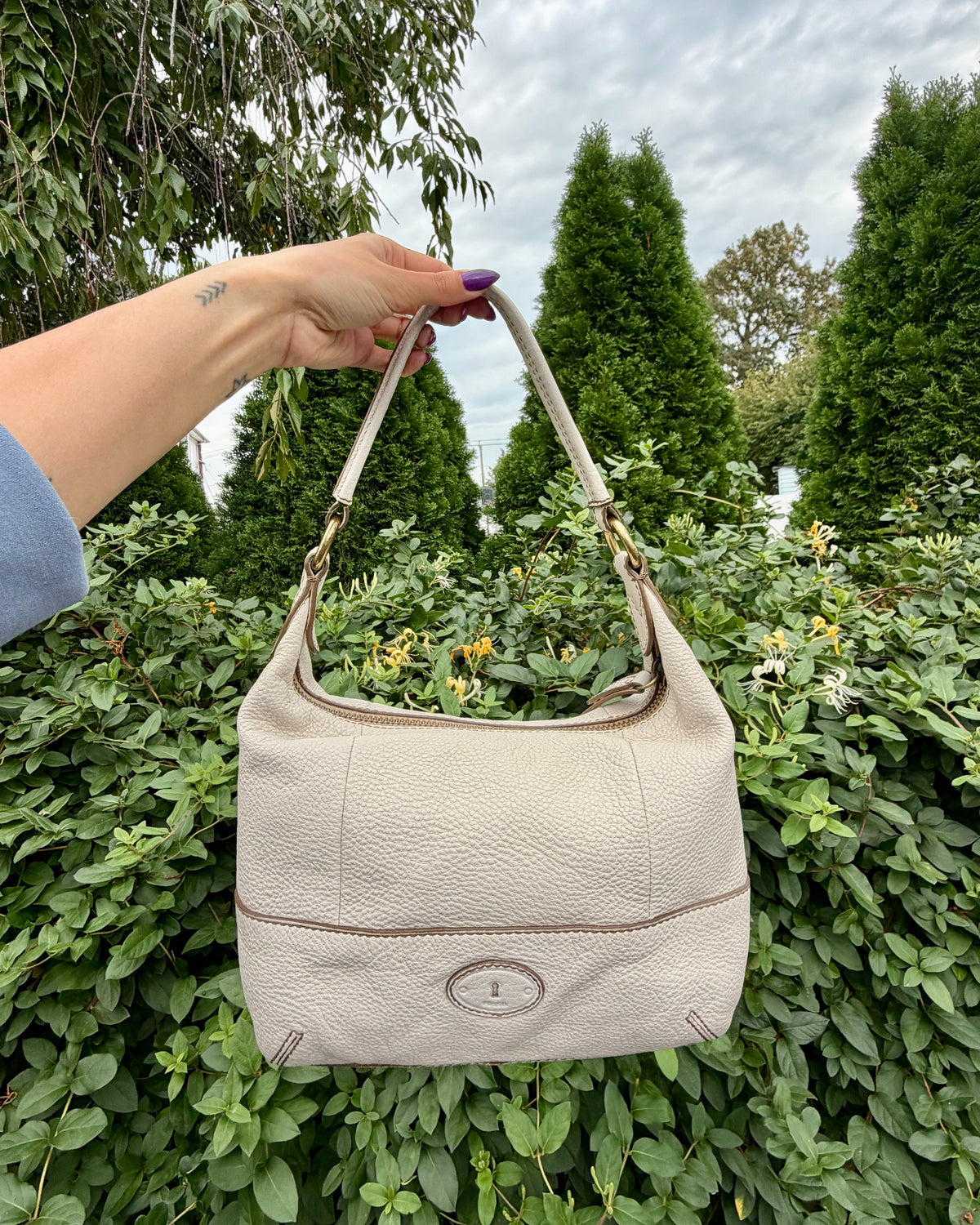 Fossil Tate Ivory Pebbled Leather Shoulder Bag Boho Slouchy Purse