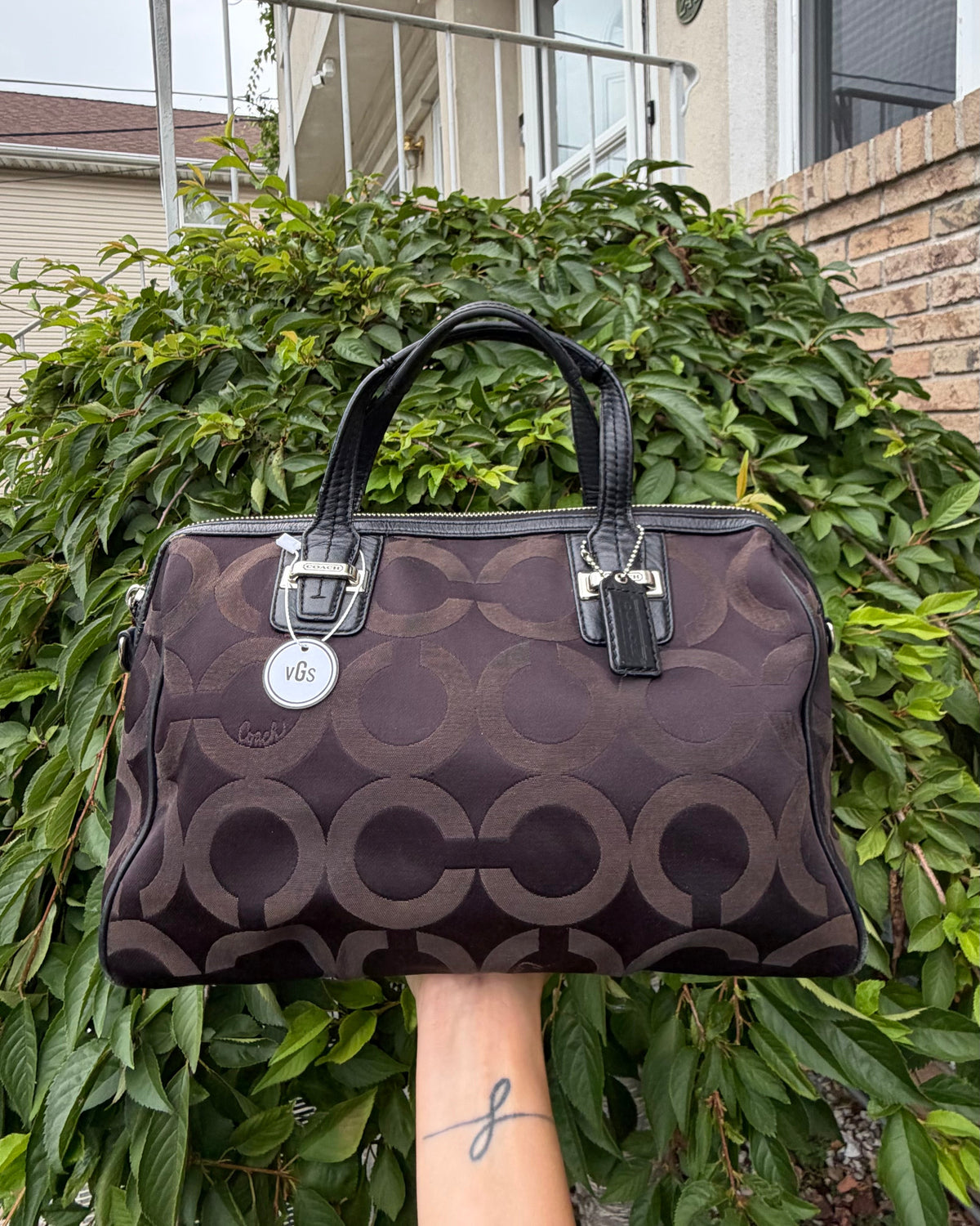 Coach Taylor Op Art Signature Canvas Satchel Brown & Black Leather Handbag