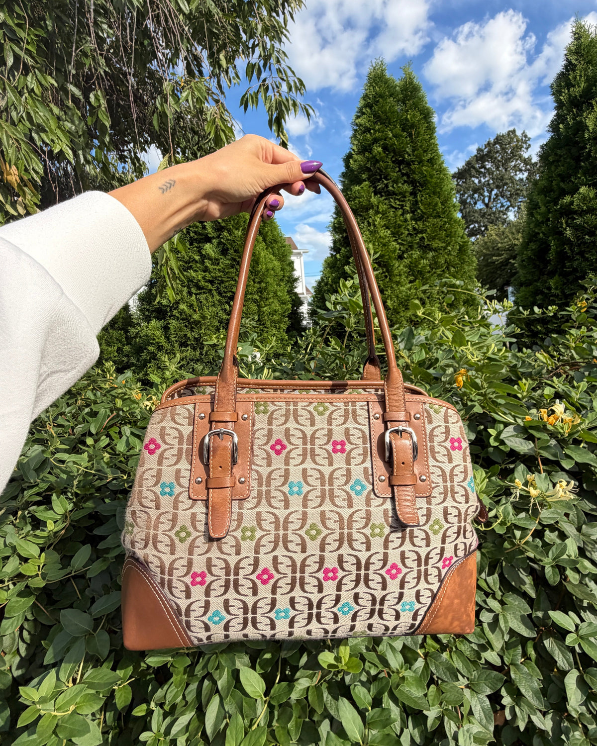 Vintage Y2K Fossil Brown Floral Signature Jacquard Satchel Shoulder Bag
