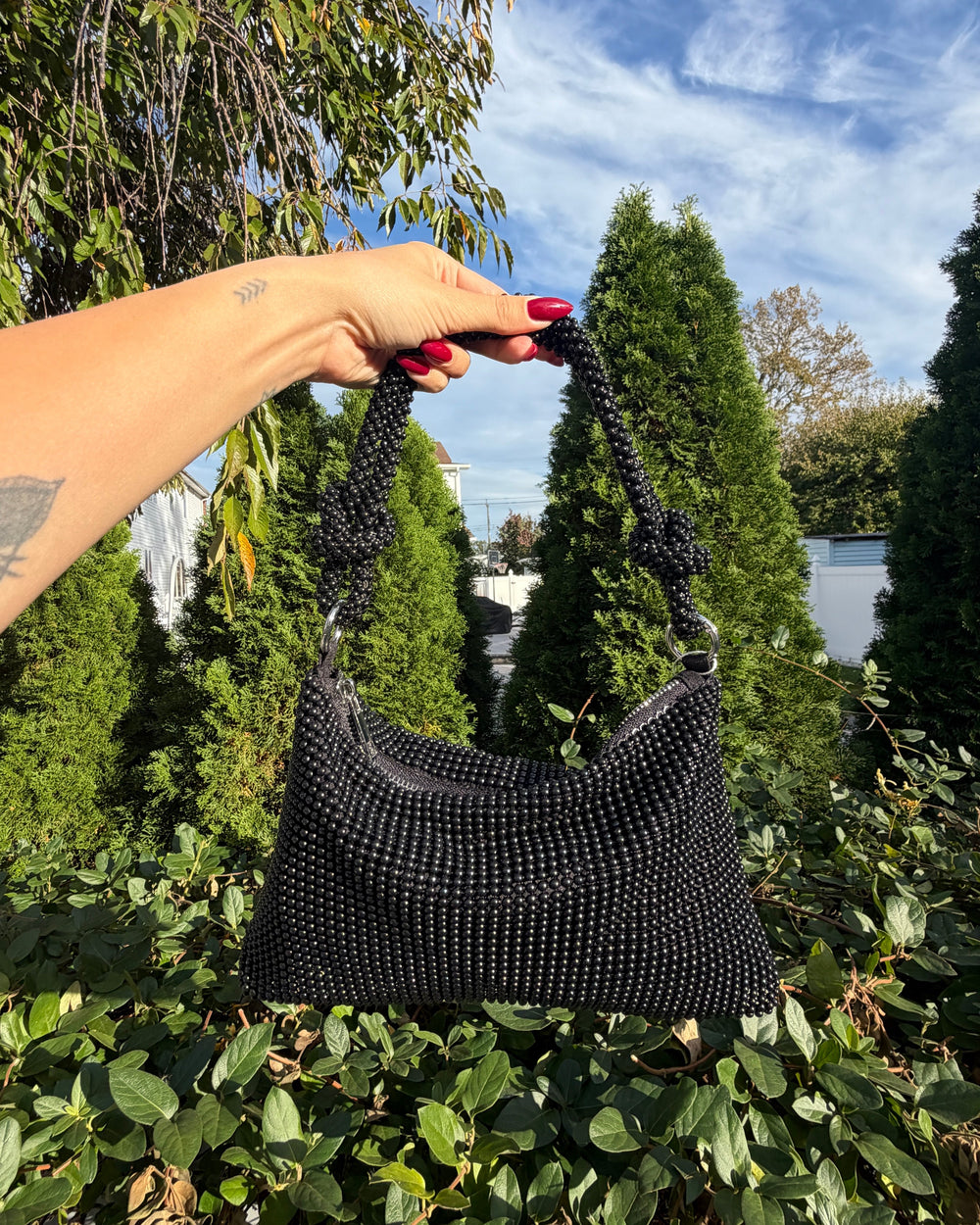 Black Sparkly Beaded Slouchy Baguette Shoulder Bag Evening Going Out Purse