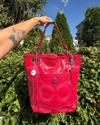 Vintage 2010 Coach Hot Pink Red Patent Leather Tote Bag Y2K Shoulder Purse