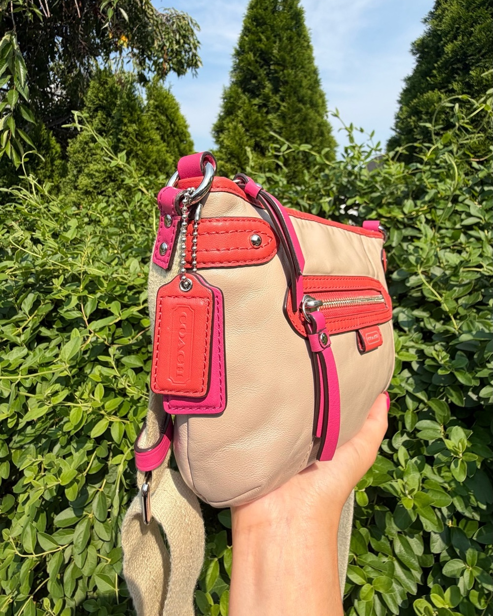Vintage Coach Y2K Daisy Spectator Leather Crossbody Swingpack Tan Pink Orange