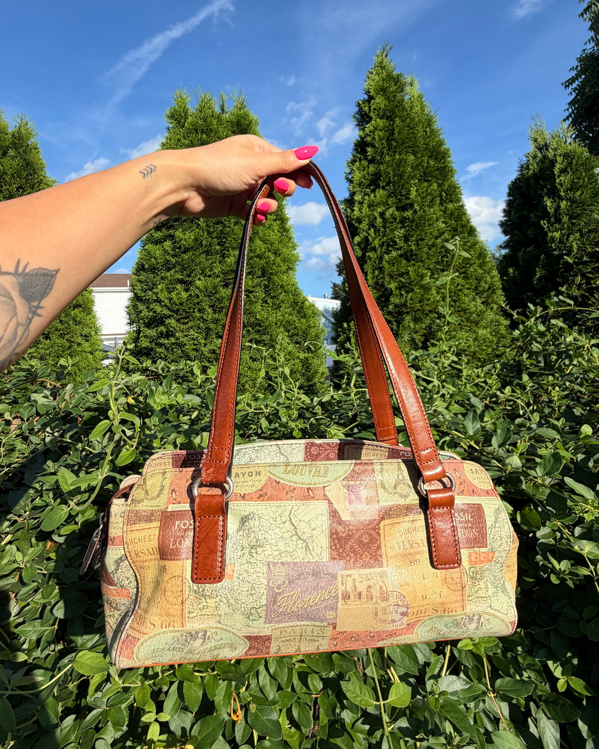 Vintage Fossil Map Print Leather Shoulder Bag Y2K Travel Italian Summer Purse