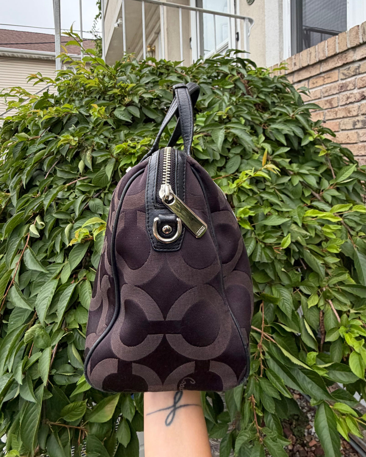 Coach Taylor Op Art Signature Canvas Satchel Brown & Black Leather Handbag