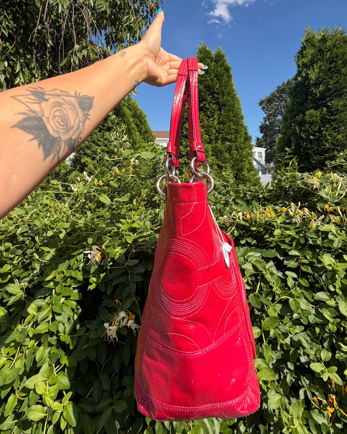 Vintage 2010 Coach Hot Pink Red Patent Leather Tote Bag Y2K Shoulder Purse