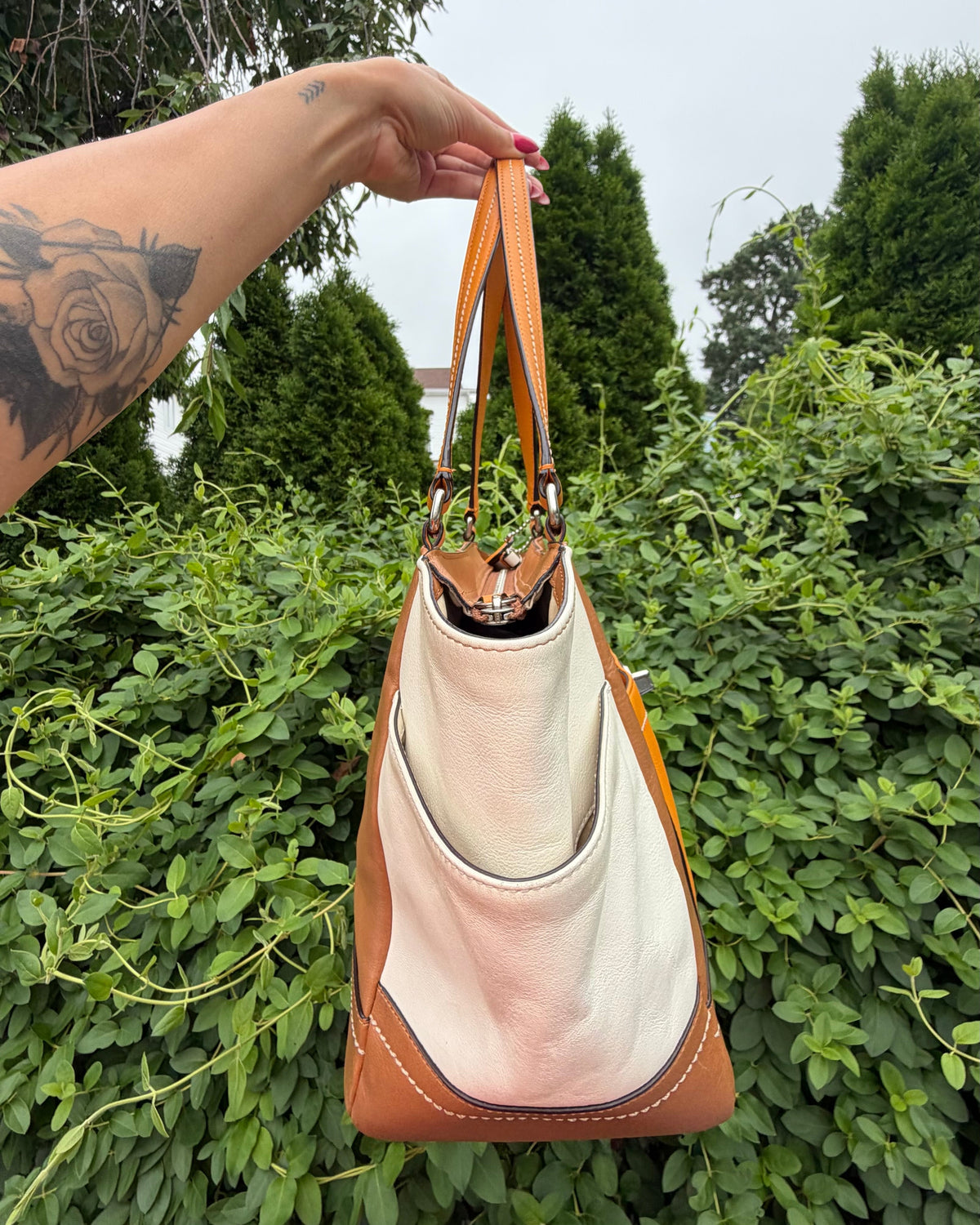 Coach Park Colorblock Carrie Turnlock Tote Leather Shoulder Bag Orange Brown