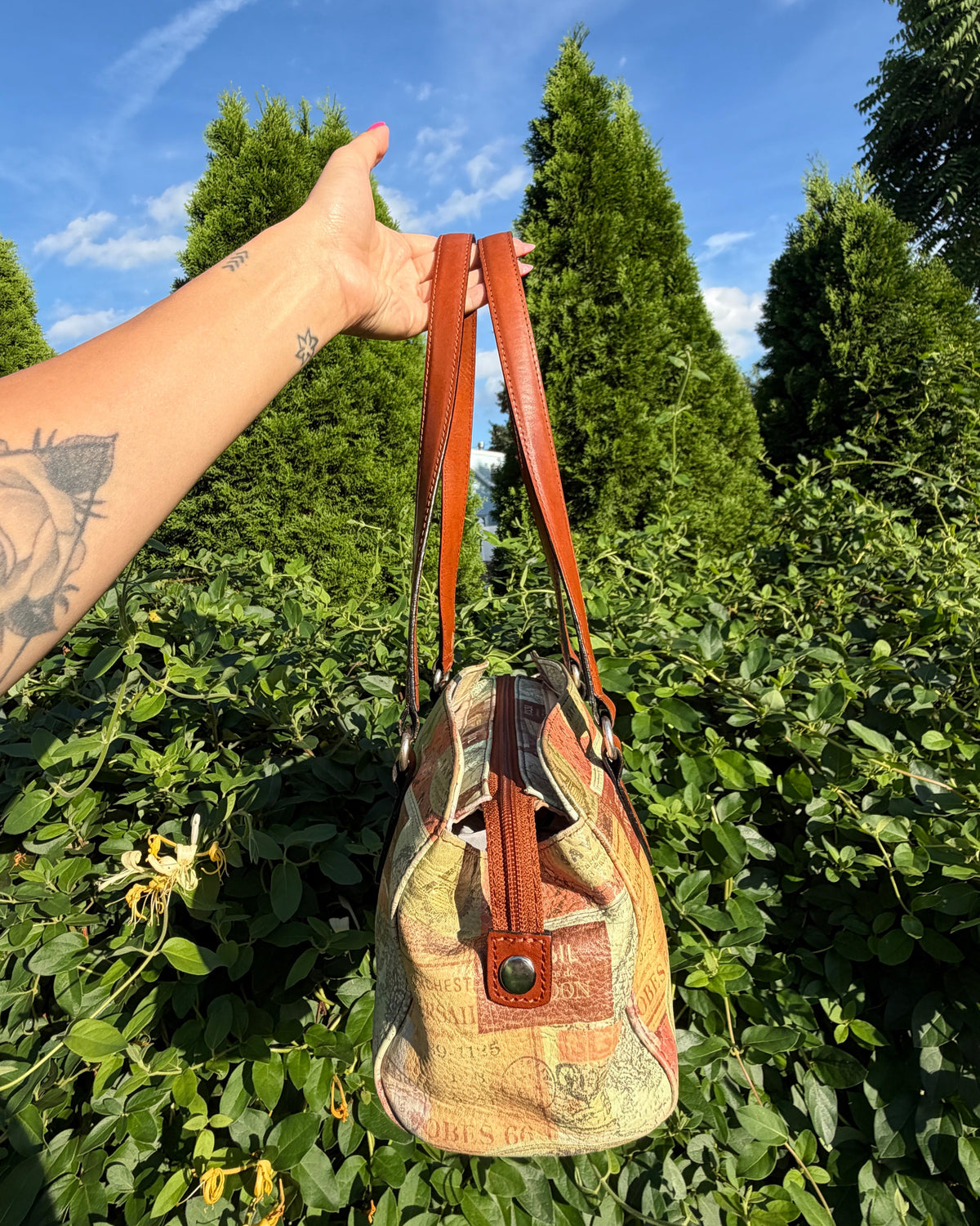 Vintage Fossil Map Print Leather Shoulder Bag Y2K Travel Italian Summer Purse