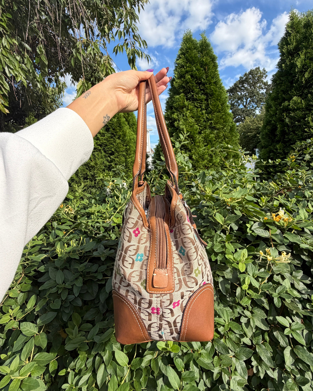 Vintage Y2K Fossil Brown Floral Signature Jacquard Satchel Shoulder Bag
