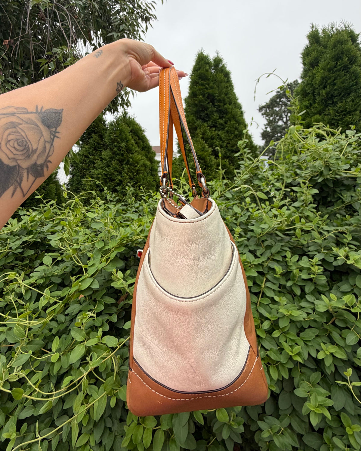 Coach Park Colorblock Carrie Turnlock Tote Leather Shoulder Bag Orange Brown