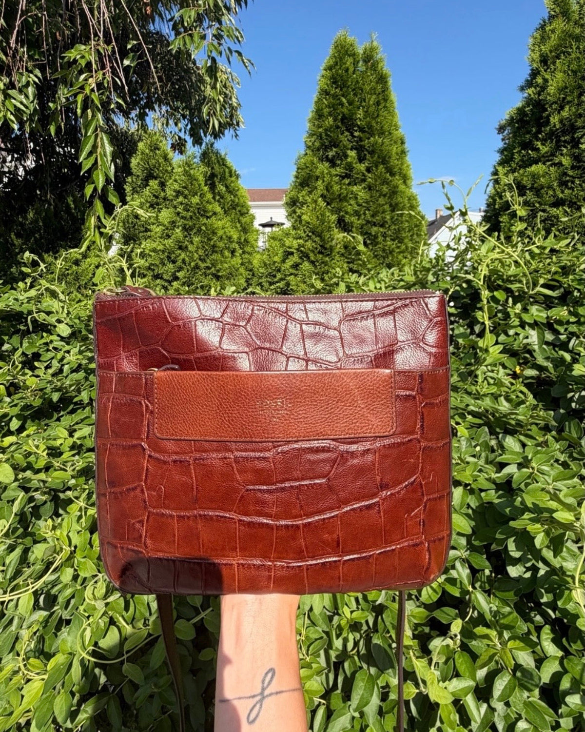 Vintage Fossil Croc Embossed Leather Crossbody Bag Brown Y2K Adjustable