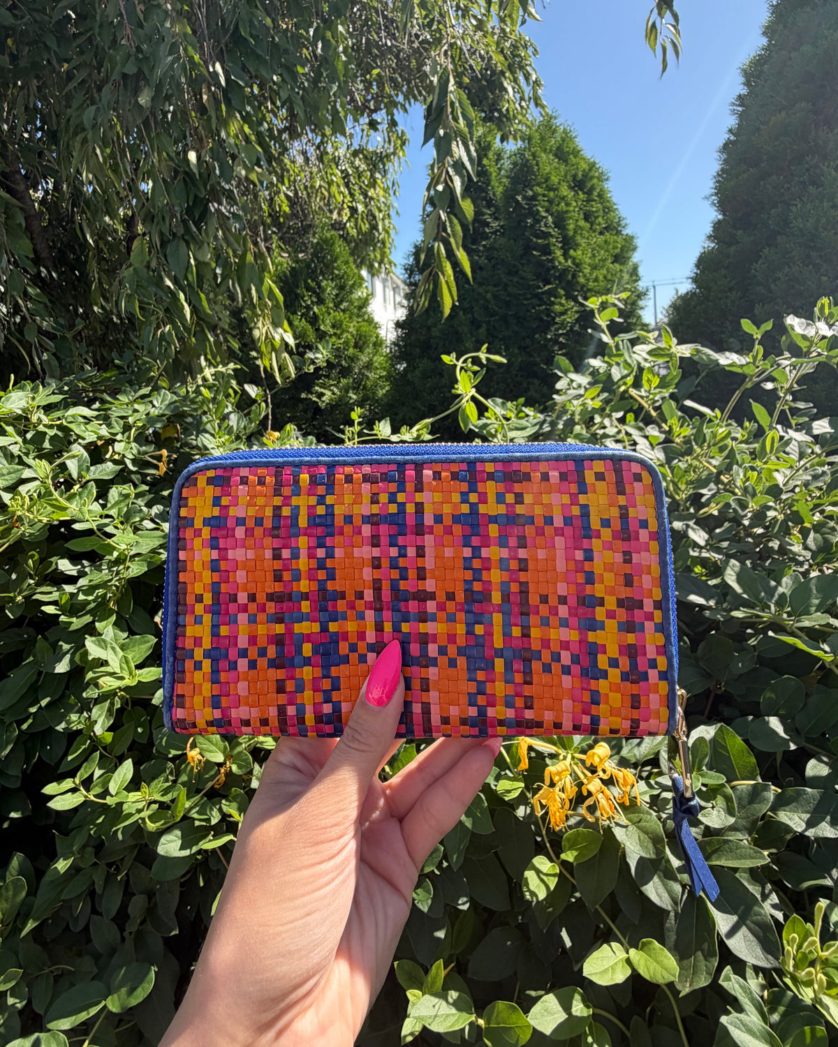 Tory Burch Jane Multicolor Woven Vibrant Leather Zip Around Wallet