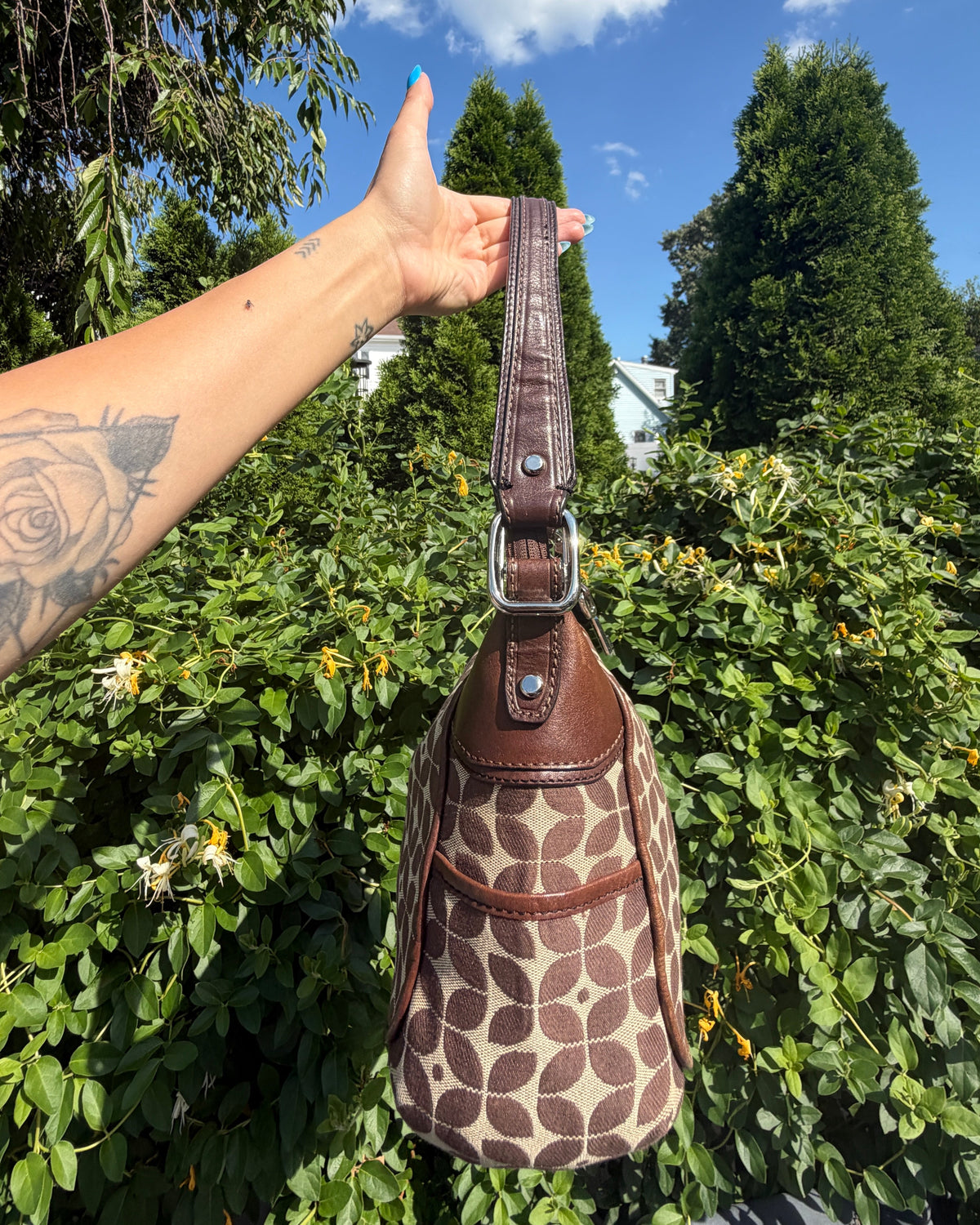 Vintage Fossil Signature Jacquard Brown Monogram Y2K Hobo Shoulder Bag