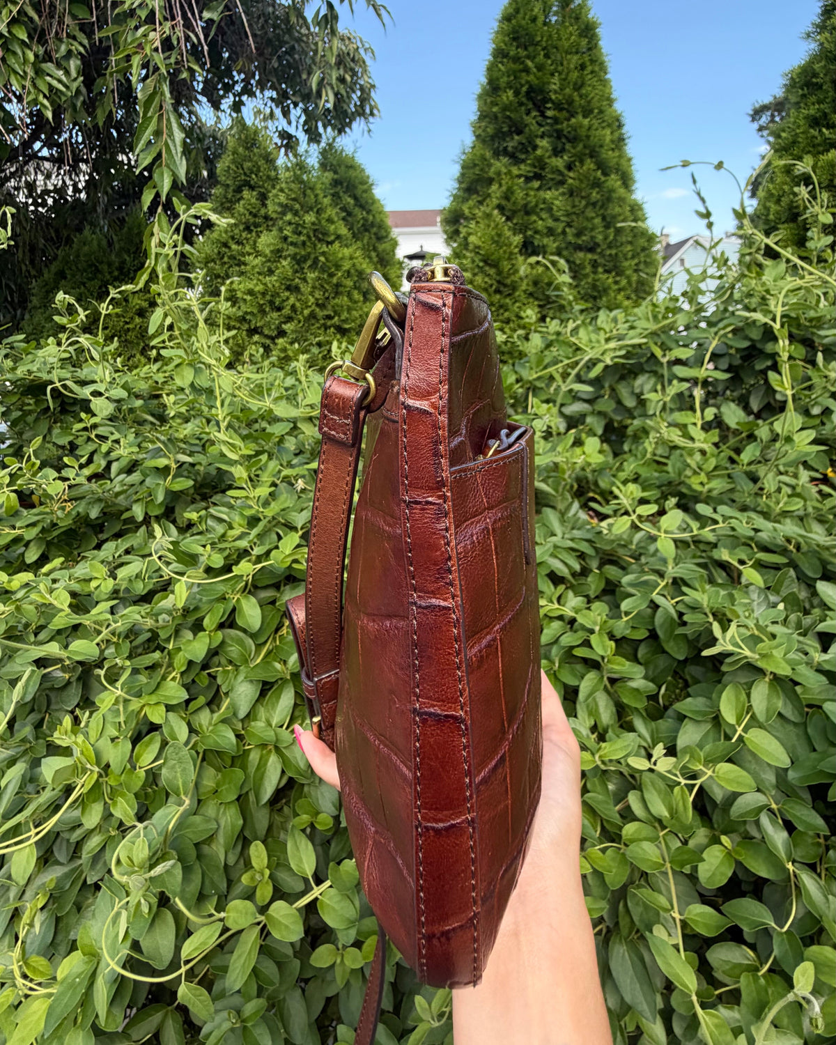 Vintage Fossil Croc Embossed Leather Crossbody Bag Brown Y2K Adjustable