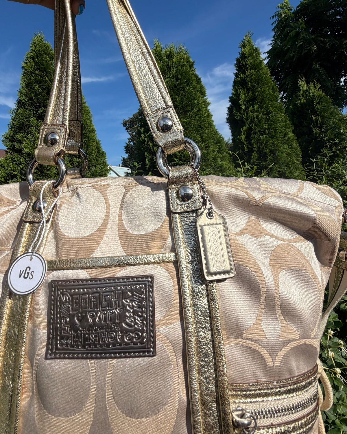 Vintage Y2K Coach Poppy Signature Sateen Gold Trim Tote Shoulder Bag