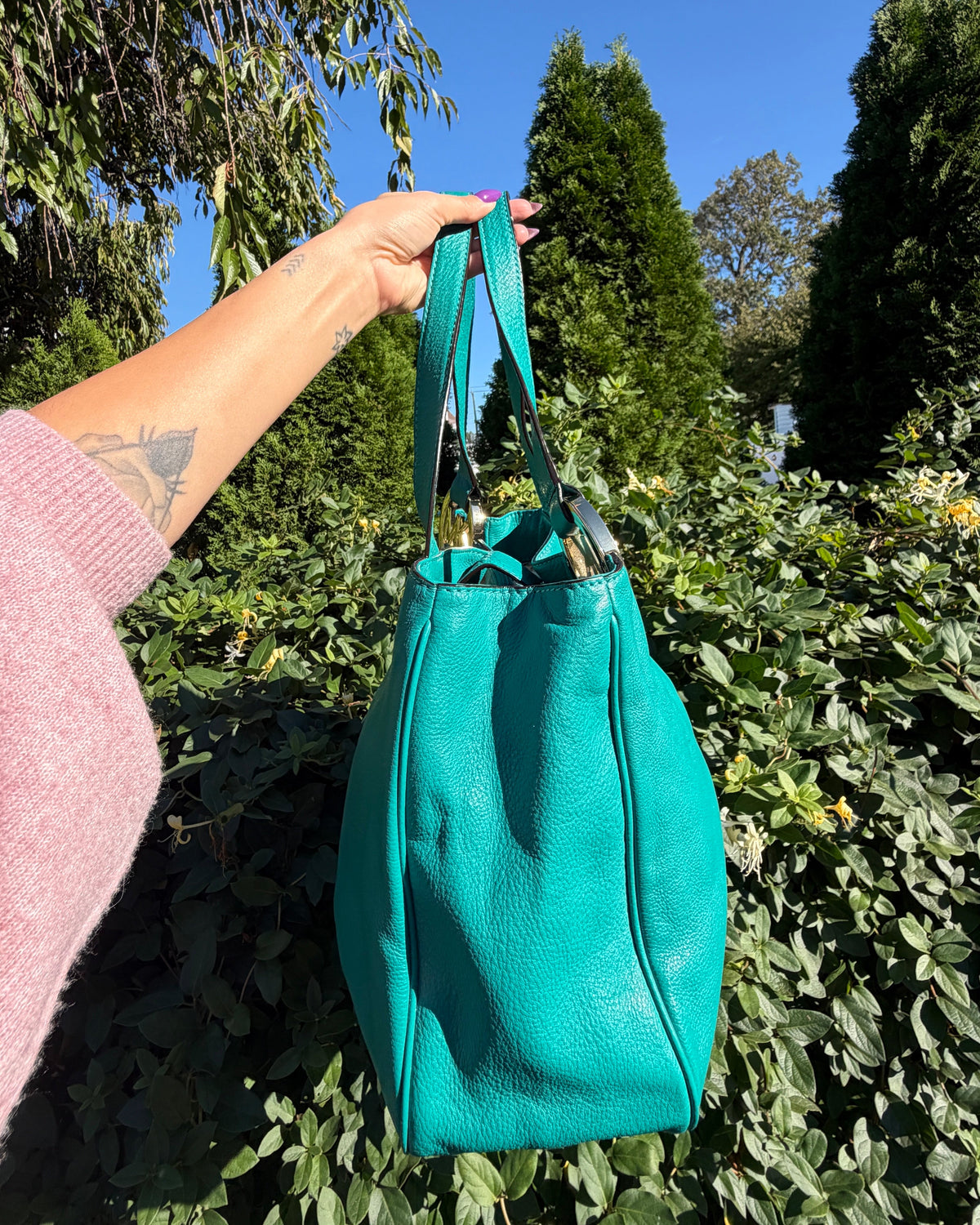 Michael Kors Jet Set Teal Leather Tote Shoulder Bag Designer Handbag Purse