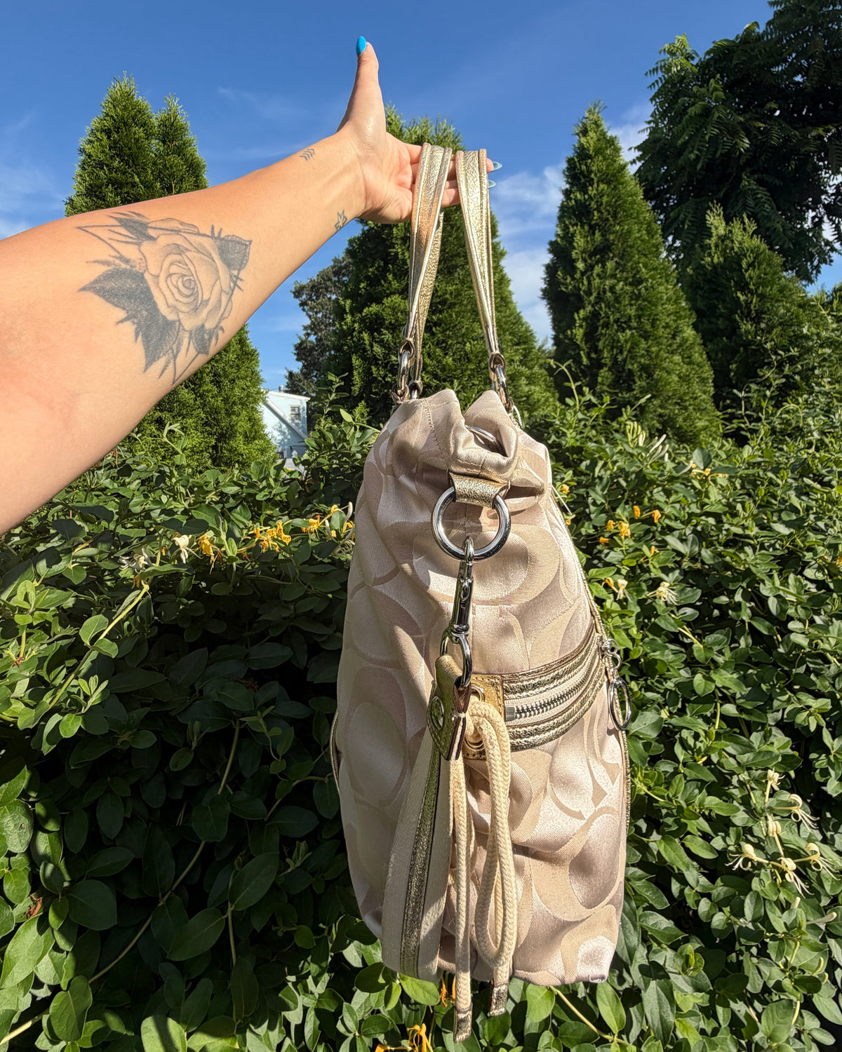 Vintage Y2K Coach Poppy Signature Sateen Gold Trim Tote Shoulder Bag