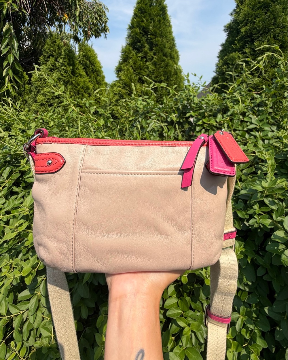 Vintage Coach Y2K Daisy Spectator Leather Crossbody Swingpack Tan Pink Orange