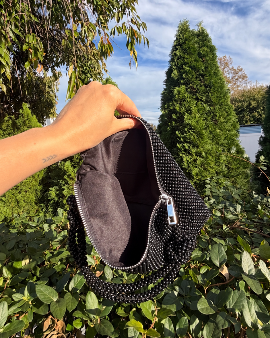 Black Sparkly Beaded Slouchy Baguette Shoulder Bag Evening Going Out Purse