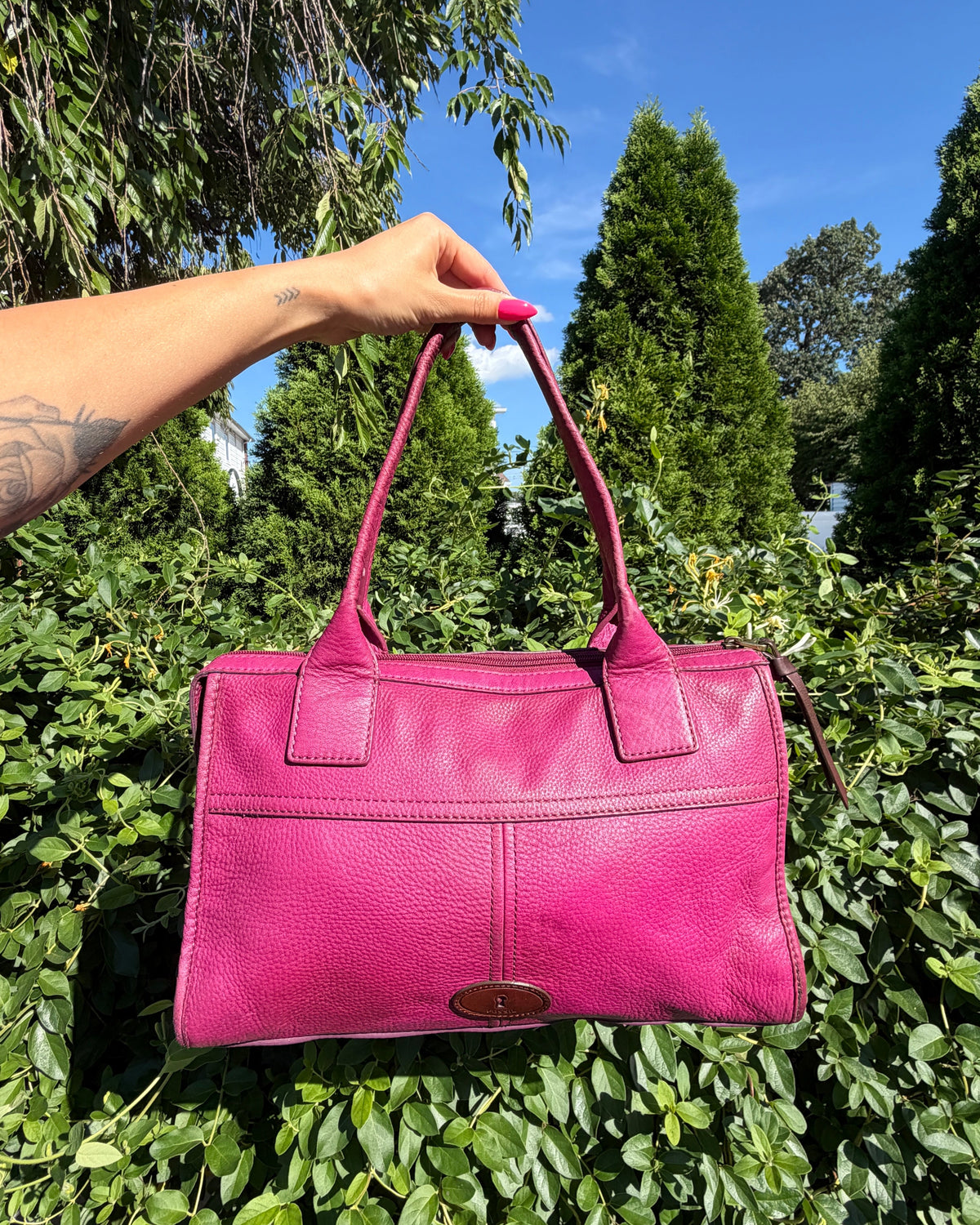 Vintage Fossil Magenta Leather Tote Shoulder Bag Y2K Boho Purse