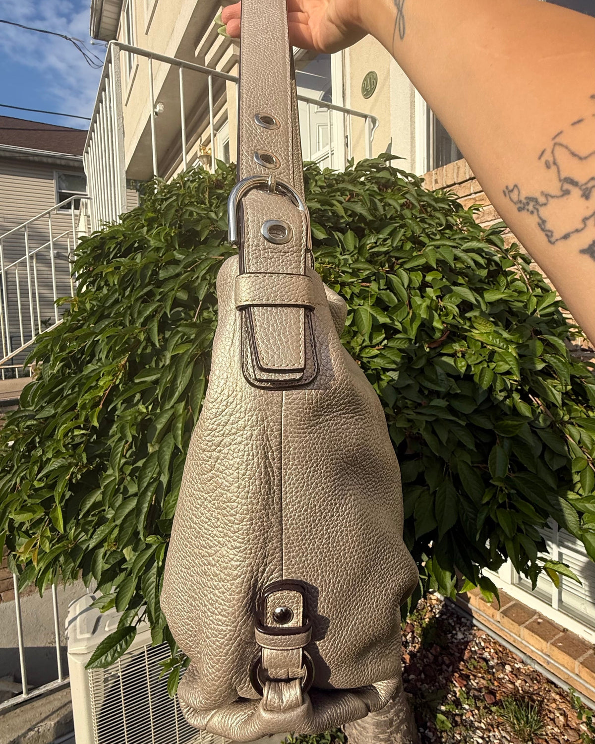 Coach Metallic Silver Gray Pebbled Leather Hobo Shoulder Bag Slouch Tote Purse