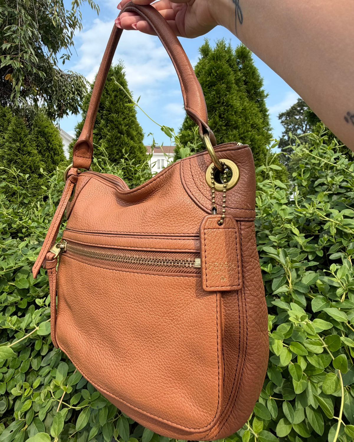 Vintage Fossil Brown Tan Pebbled Leather Y2K Hobo Shoulder Bag Brass Hardware