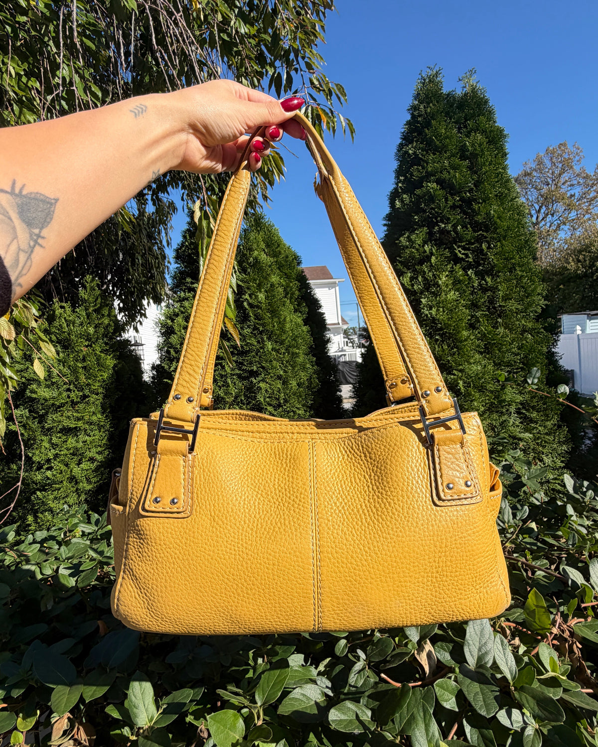Vintage Y2K Fossil Yellow Leather Baguette Shoulder Bag Purse with Charms