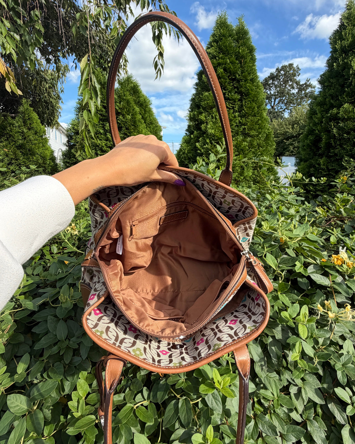 Vintage Y2K Fossil Brown Floral Signature Jacquard Satchel Shoulder Bag