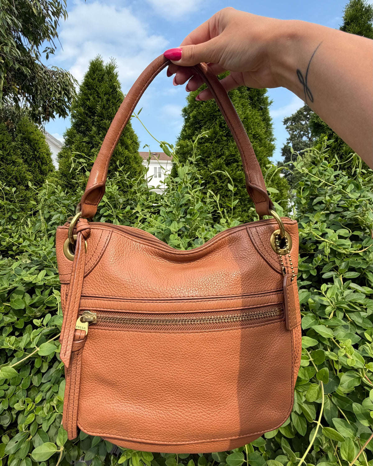 Vintage Fossil Brown Tan Pebbled Leather Y2K Hobo Shoulder Bag Brass Hardware
