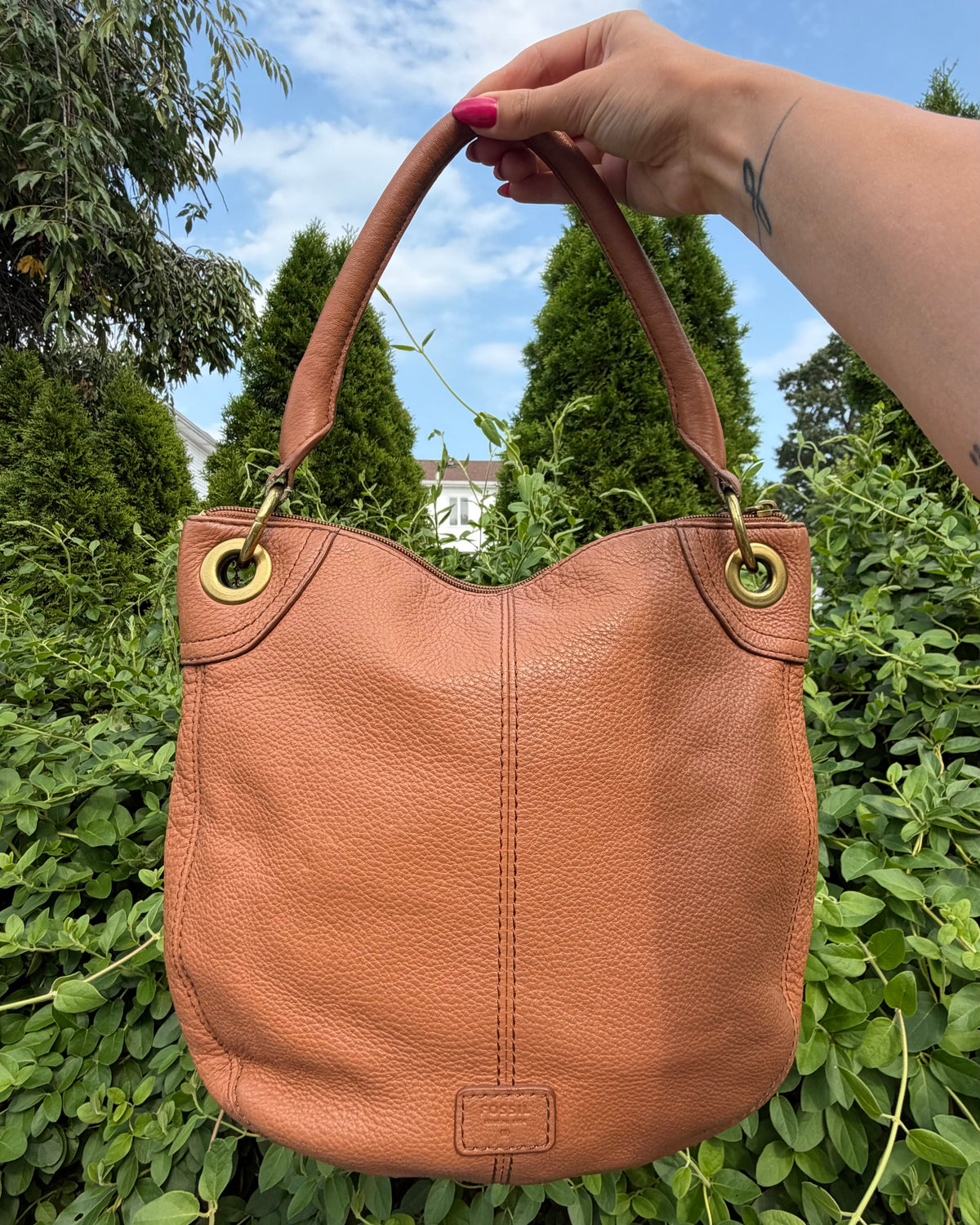 Vintage Fossil Brown Tan Pebbled Leather Y2K Hobo Shoulder Bag Brass Hardware