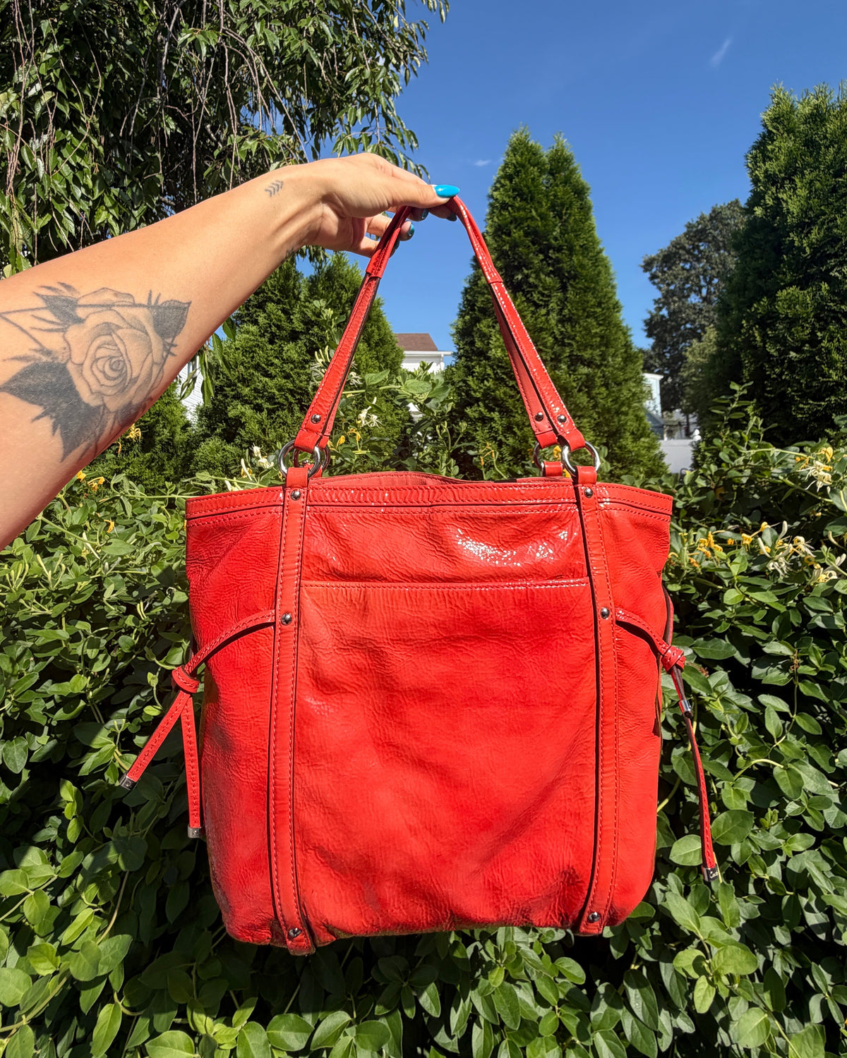 Vintage Coach Audrey Op Art Perforated Red Patent Leather Tote Y2K Shoulder Bag