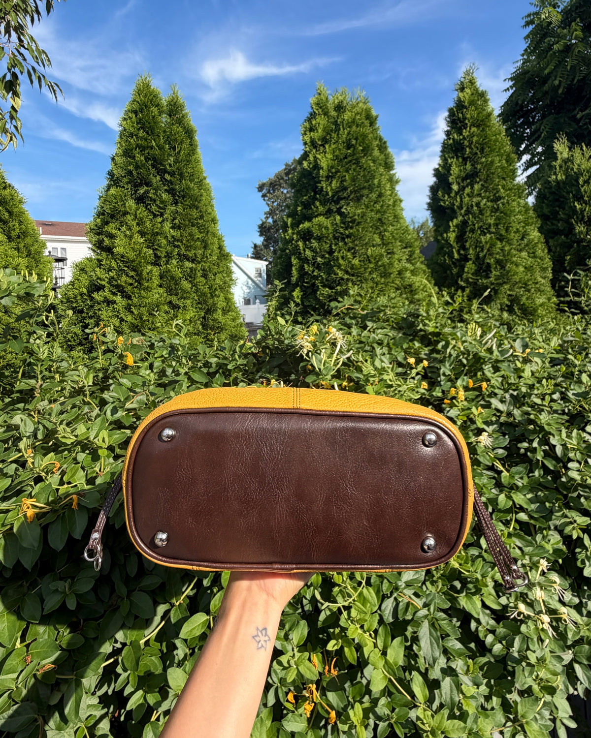 Tignanello Mustard Yellow Brown Leather Tote Shoulder Bag Everyday Purse