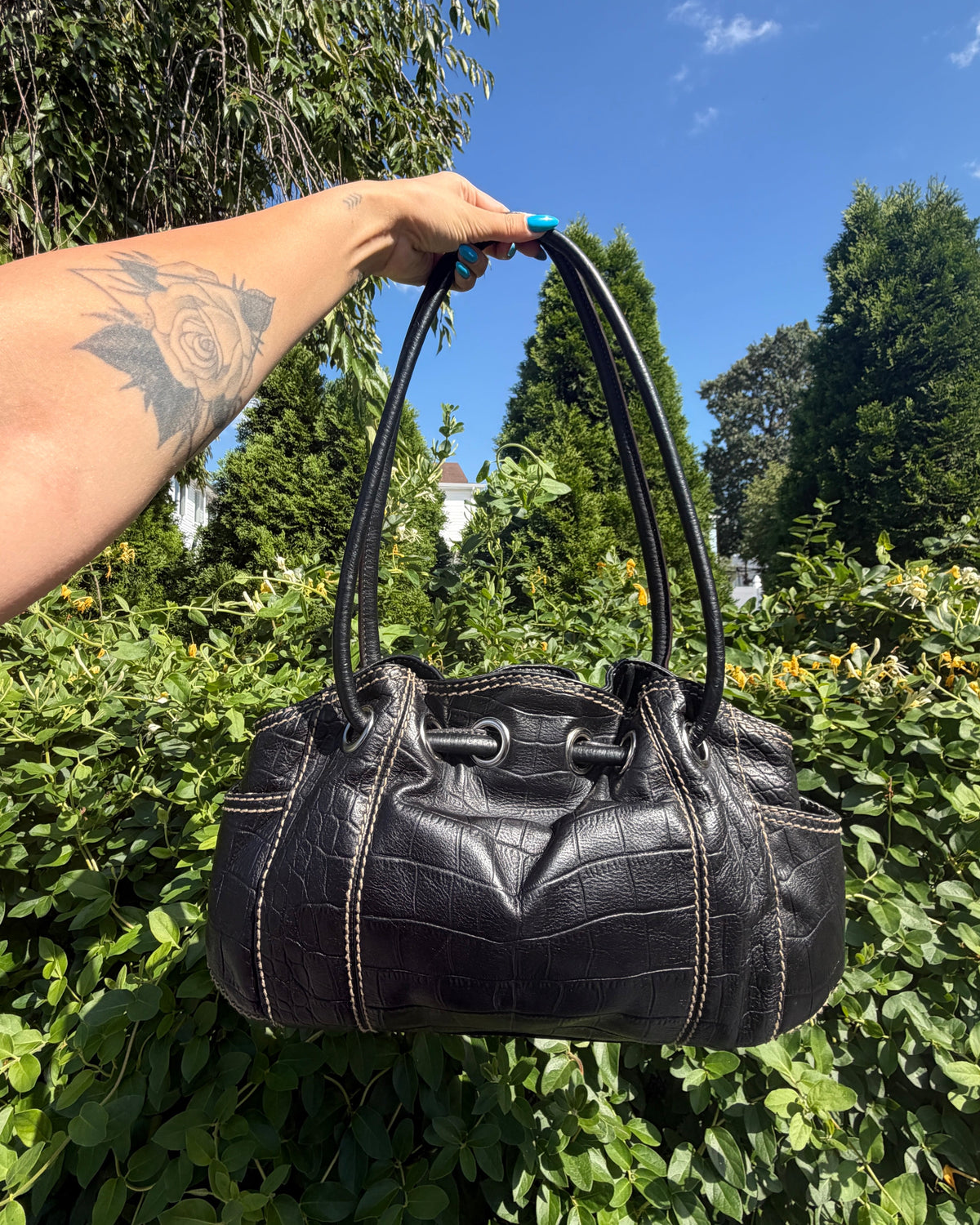 Vintage Tignanello Y2K Black Croc Embossed Leather Cloud Shoulder Bag
