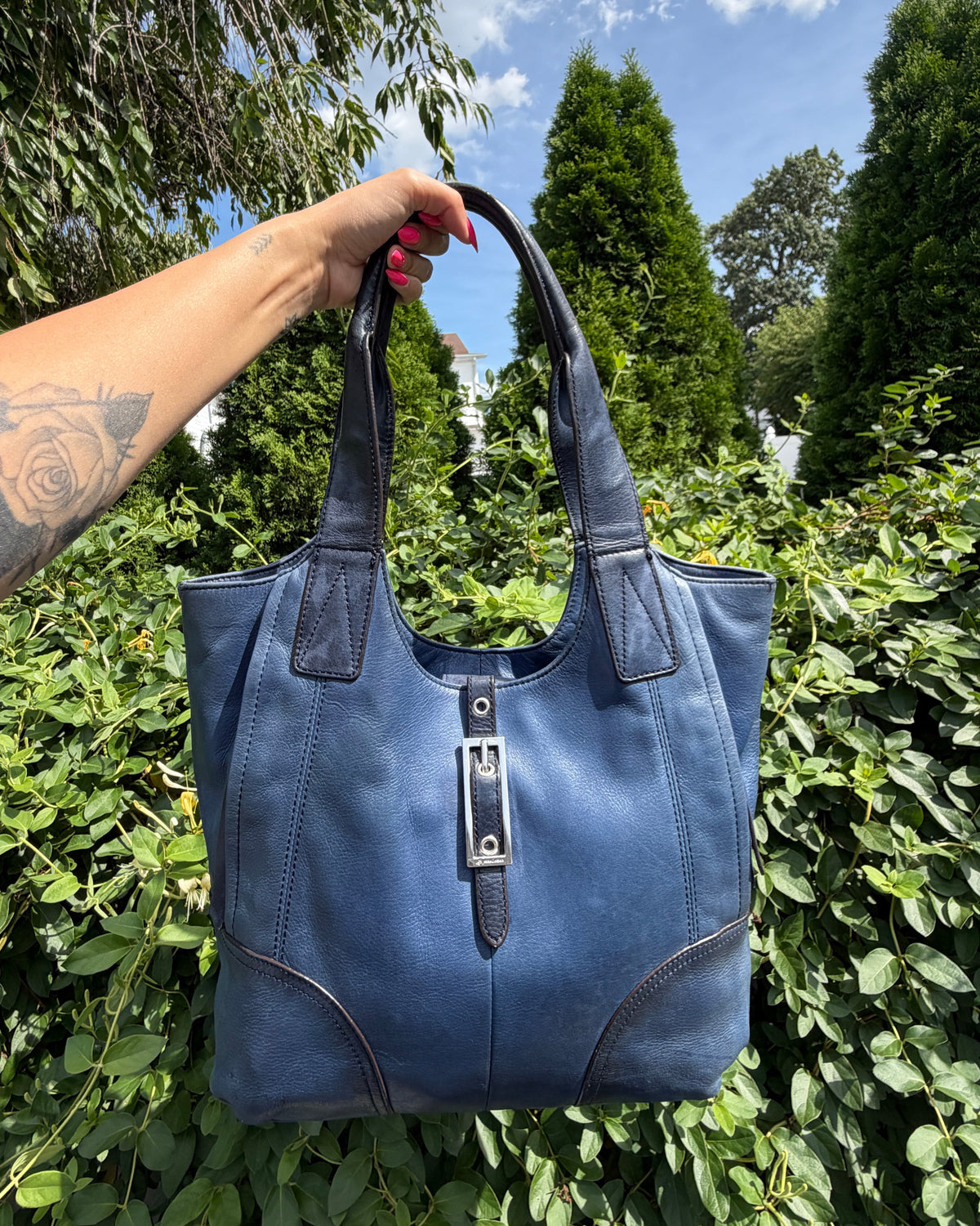 Vintagew Y2K B. Makowsky Navy Blue Leather Hobo Shoulder Bag