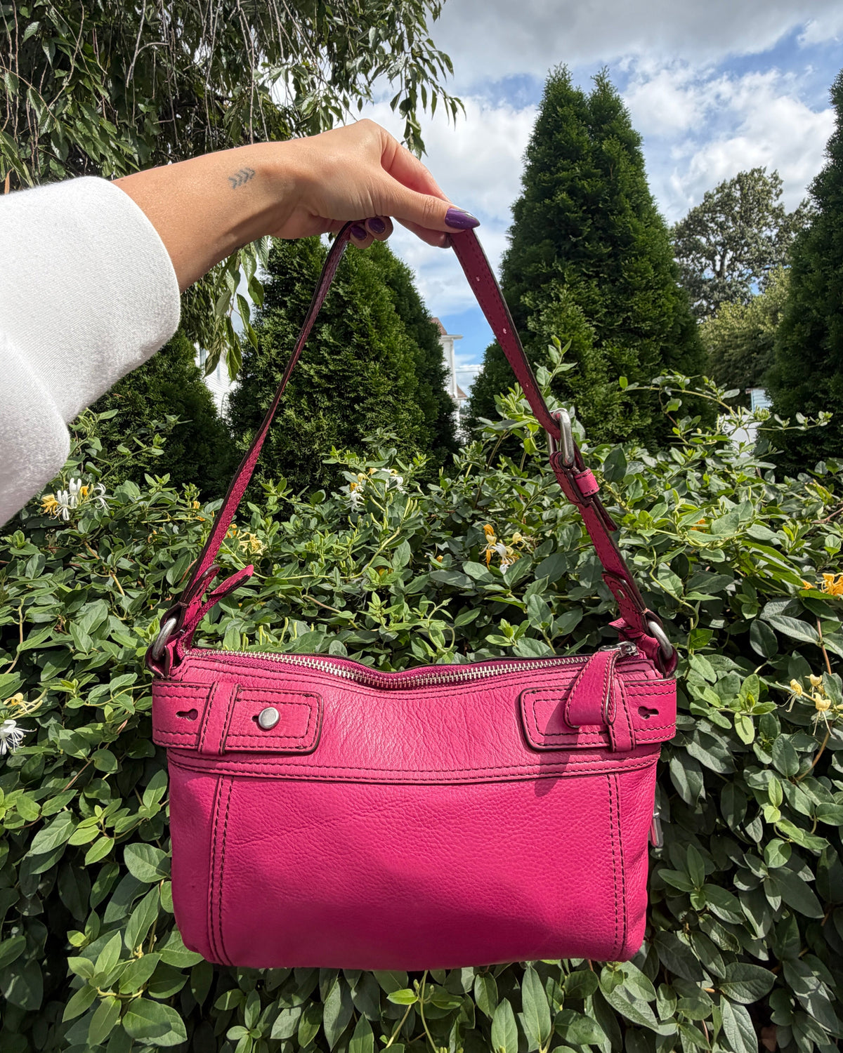 Vintage Y2K Fuscia Hot Pink Leather Slouchy Shoulder Bag Purse