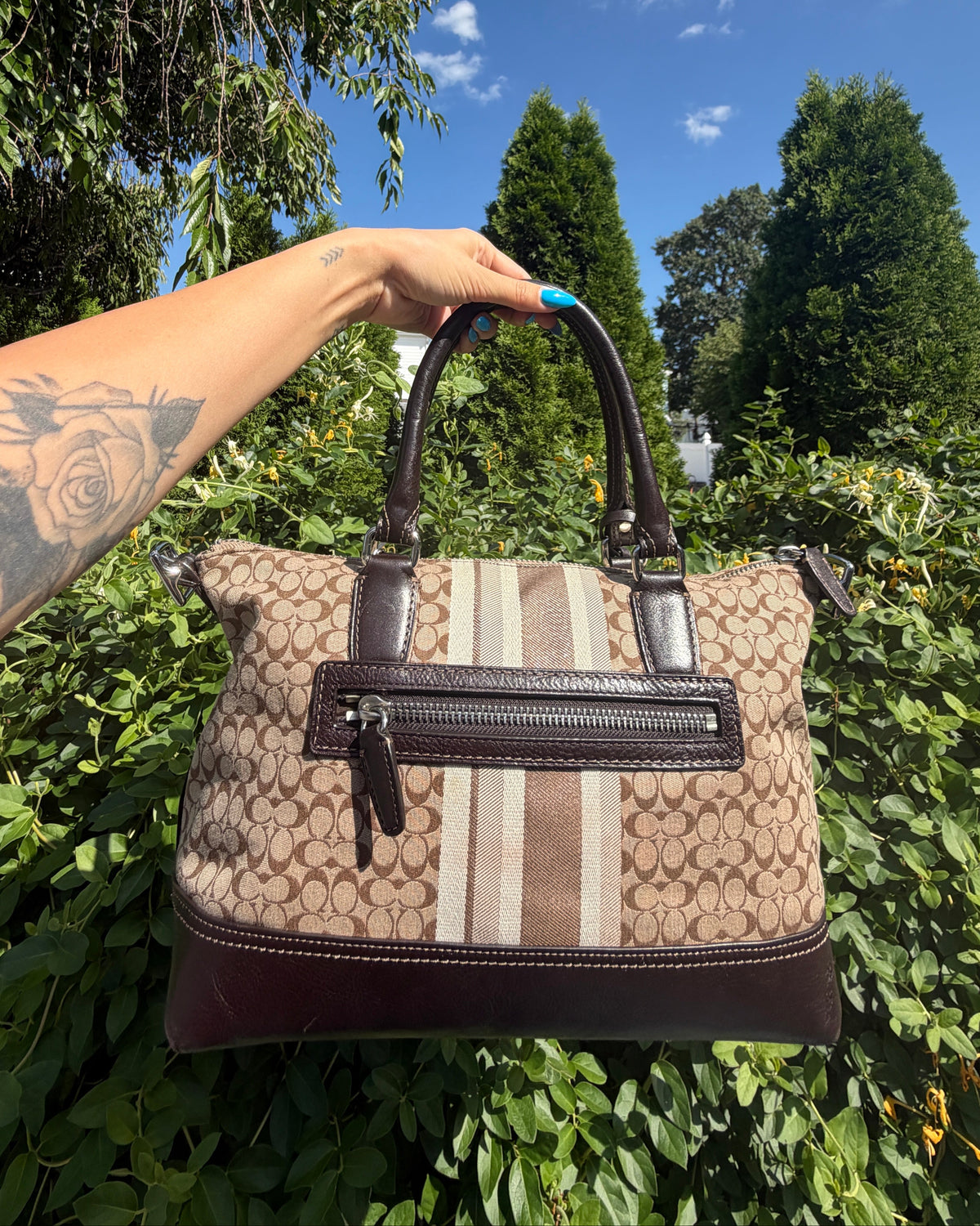 Vintage Coach Legacy Signature Stripe East West Satchel Brown Y2K Shoulder Bag