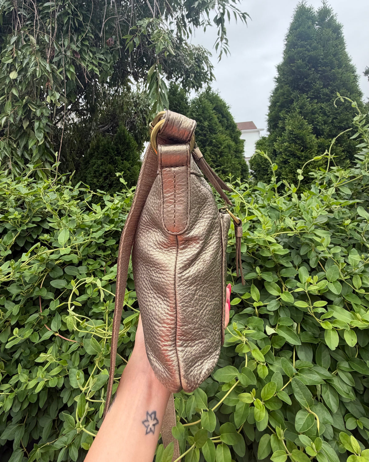 Fossil Metallic Taupe Pebbled Leather Crossbody with Scarf Accent