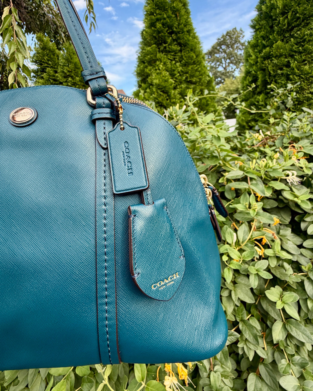 Coach Peyton Teal Blue Leather Satchel Shoulder Bag Dome Purse