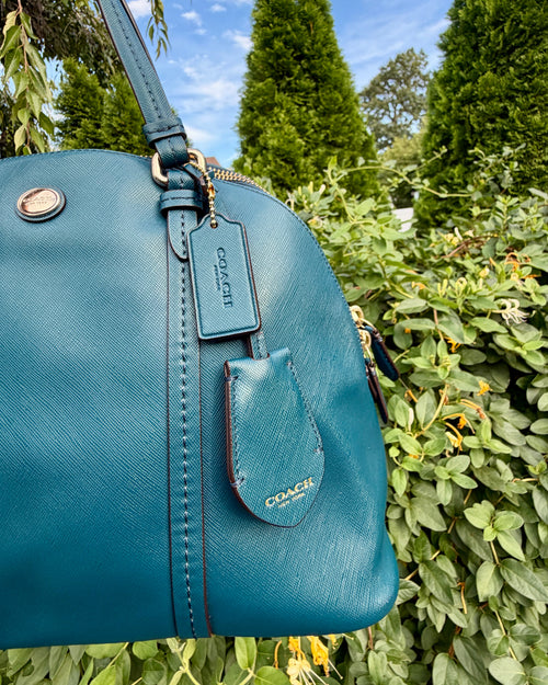 Coach Peyton Teal Blue Leather Satchel Shoulder Bag Dome Purse