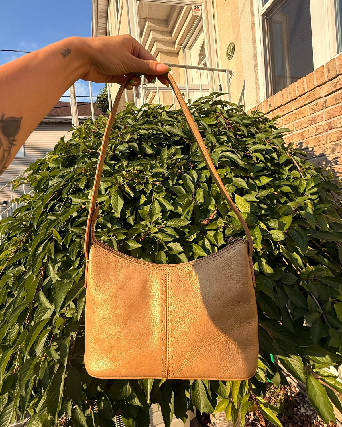 Vintage Fossil Gold Leather Y2K Shoulder Bag Contrast Stitching Boho Purse