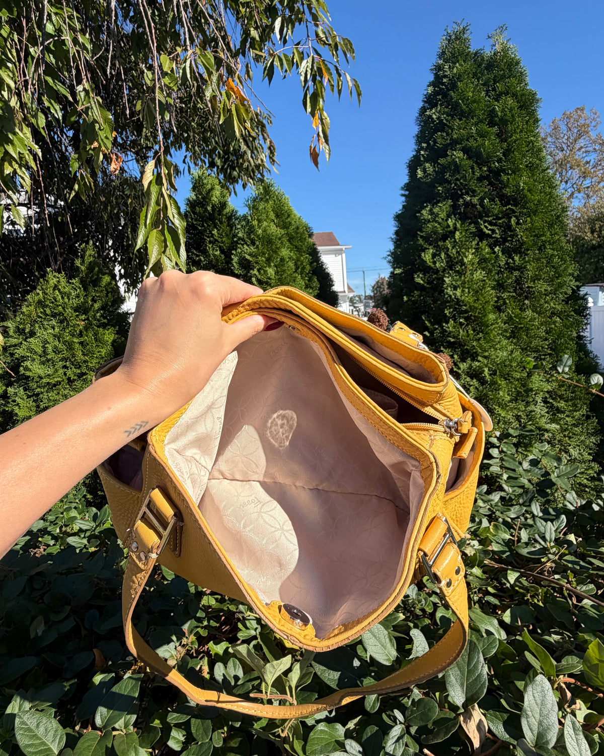 Vintage Y2K Fossil Yellow Leather Baguette Shoulder Bag Purse with Cha ...