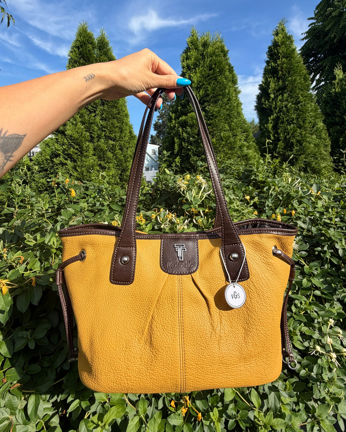 Tignanello Mustard Yellow Brown Leather Tote Shoulder Bag Everyday Purse