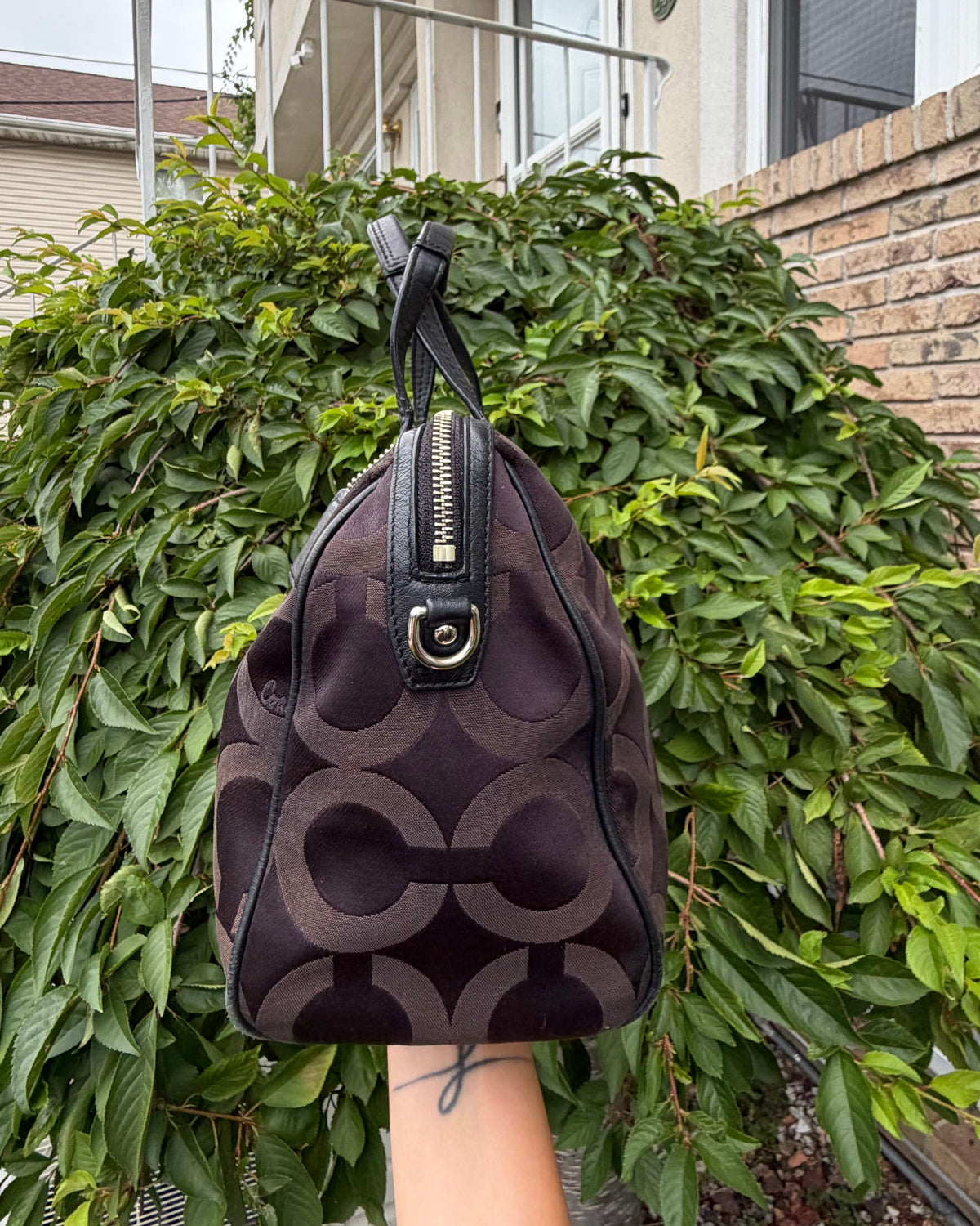 Coach Taylor Op Art Signature Canvas Satchel Brown & Black Leather Handbag