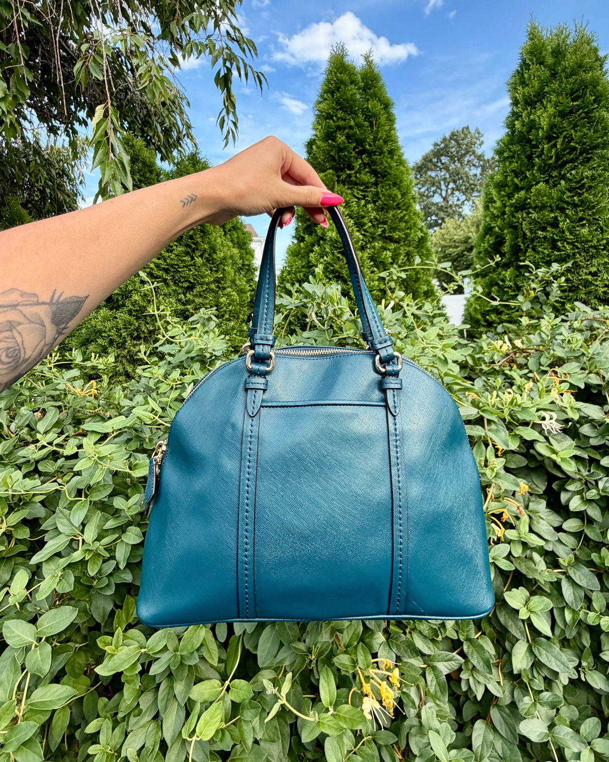 Coach Peyton Teal Blue Leather Satchel Shoulder Bag Dome Purse
