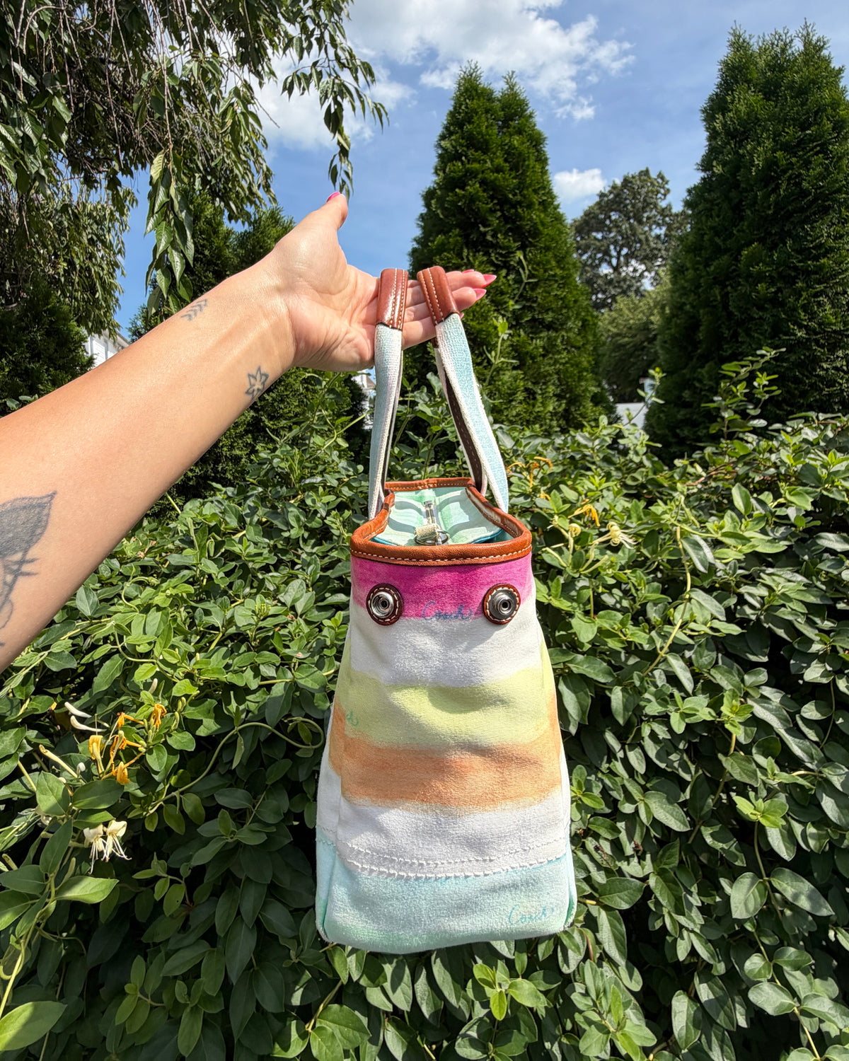 Vintage Y2K Coach Colorful Stripe Watercolor Print Satchel Shoulder Bag