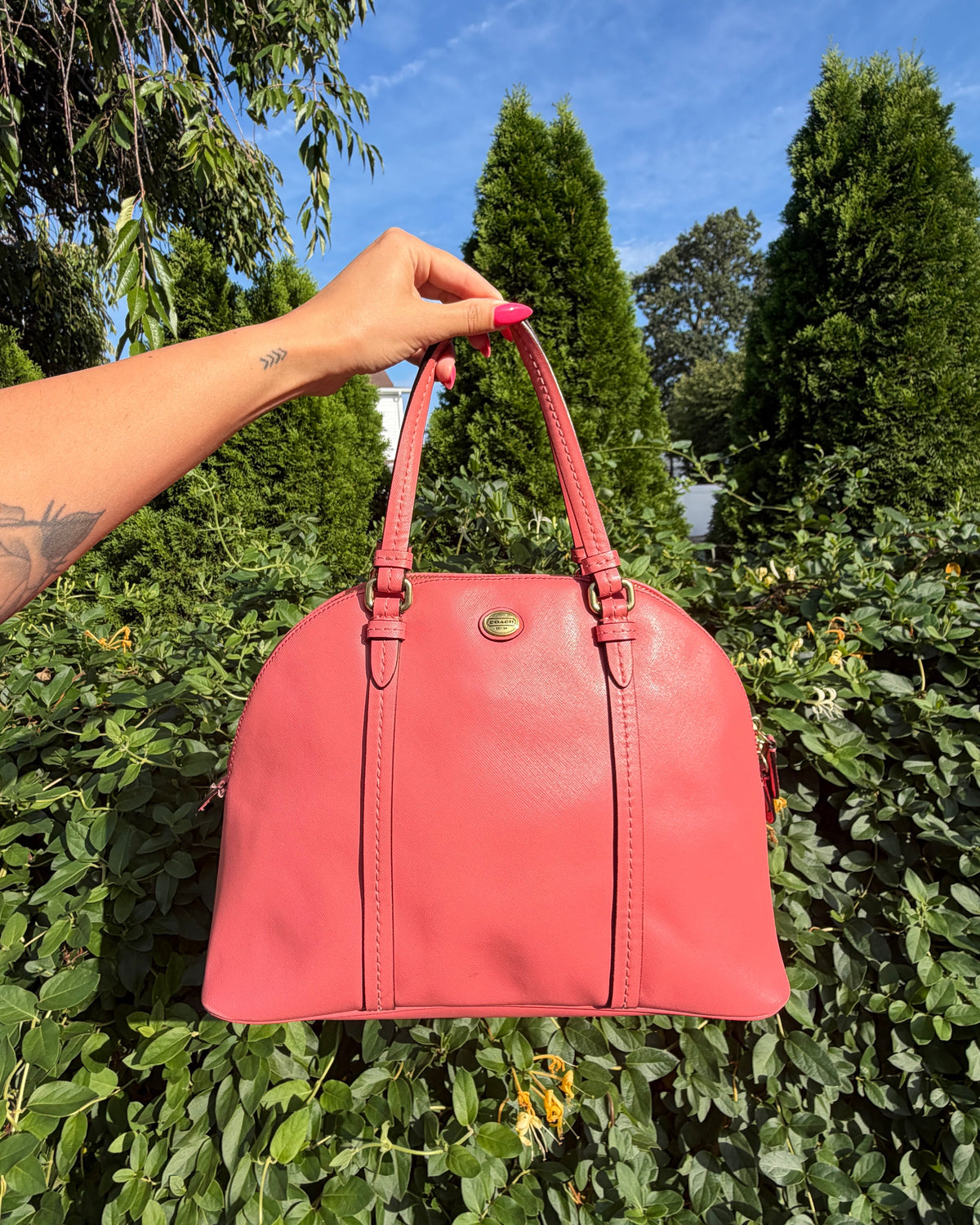 Coach Peyton Coral Pink Leather Satchel Shoulder Dome Bag
