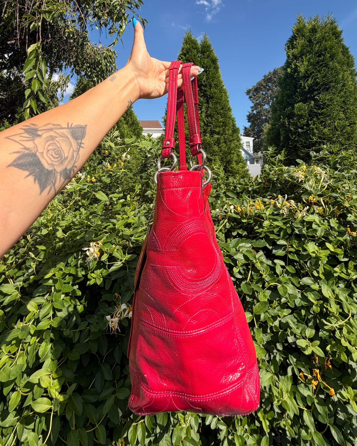 Vintage 2010 Coach Hot Pink Red Patent Leather Tote Bag Y2K Shoulder Purse